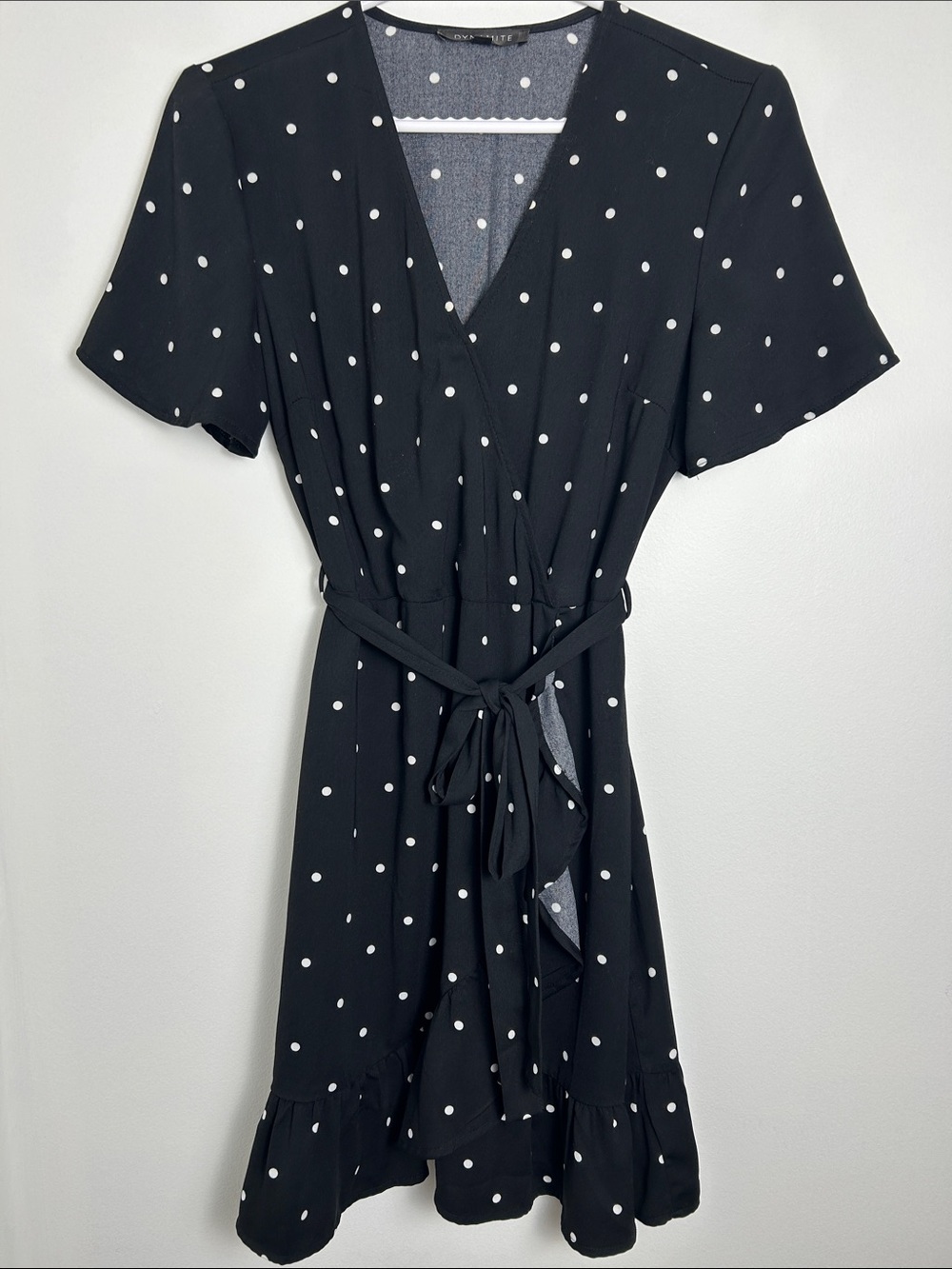 Dynamite Polka Dot Mini Dress Black White Faux Wrap Flutter Sleeve Tie Waist P/S